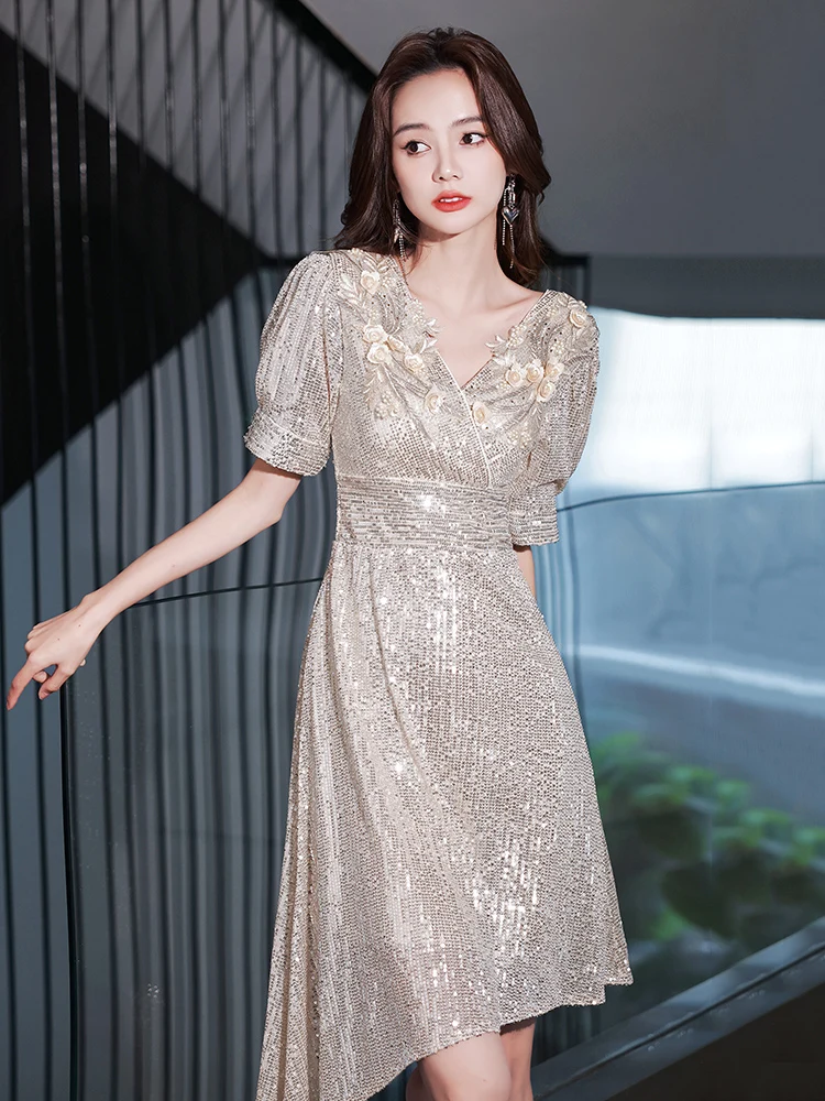 

iny Sequin Evening Dr 2025 Luxury Heavy Work Banquet Host Fla Adult ort Sve V-Ne Bodycon Korean Sle Wedding