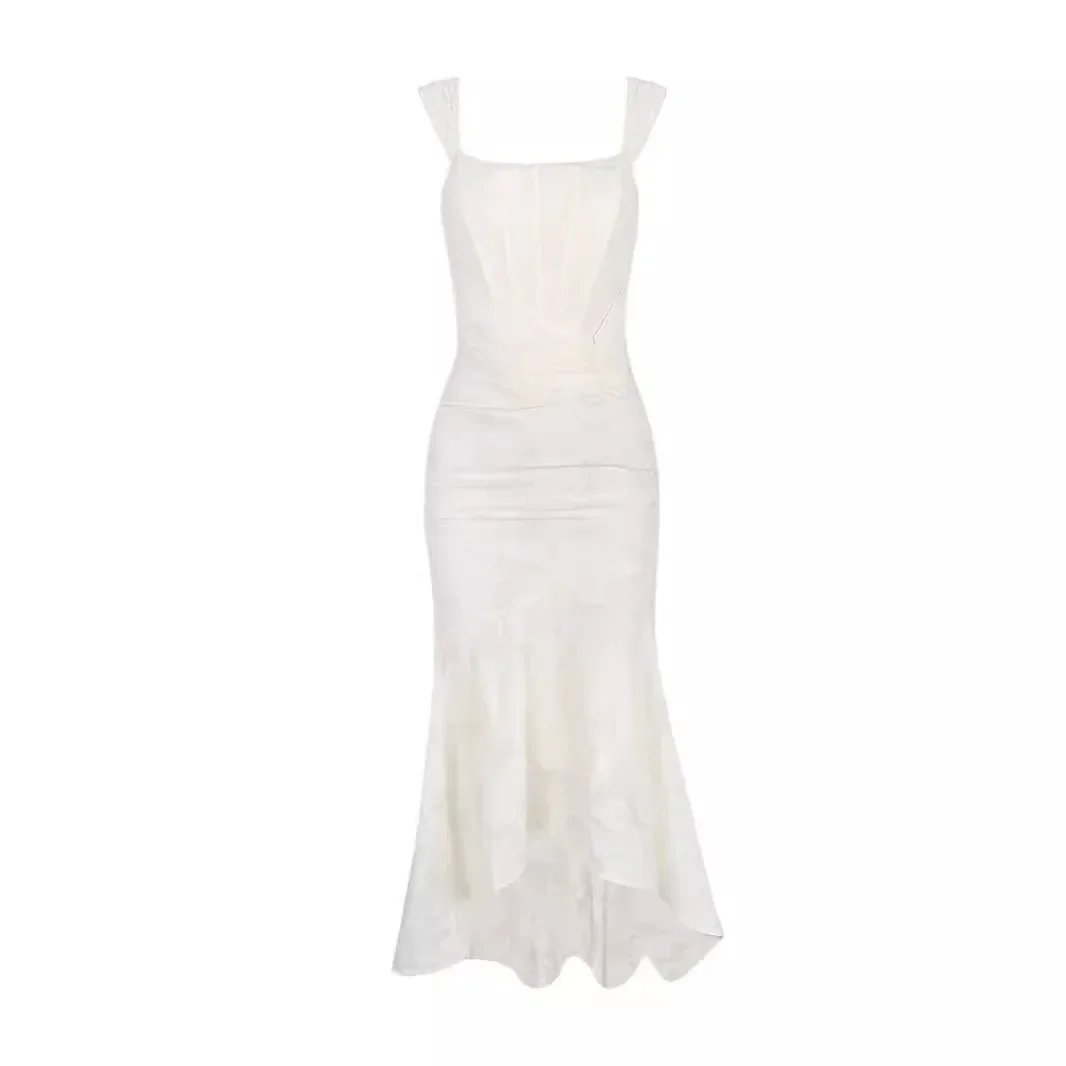 

Sexy Women's Lace Solid Satin Sleeveless Dresses Female Fishbone Camisole Slim Fit Fishtail Dress French Solid Evening Robes