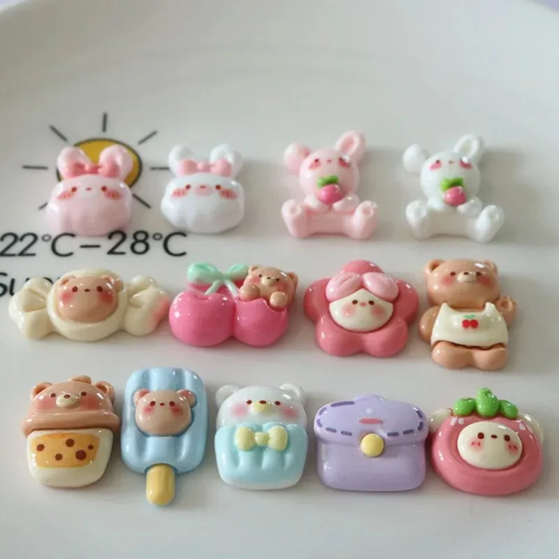 10Pcs New Cute Cherry Rabbit Bear Resin Mini Flat Back Scrapbook Kawaii DIY Embellishments Accessories Home Accessories Decor
