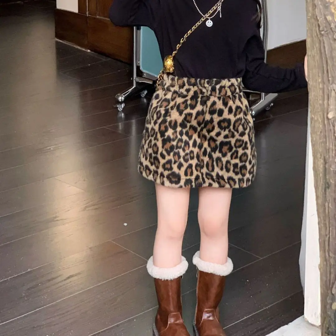 

Childrens Clothes Baby Girls Retro Leopard Fur Skirt Casual Simple Daily Korean Style Girls Skirts 2025 Winter New