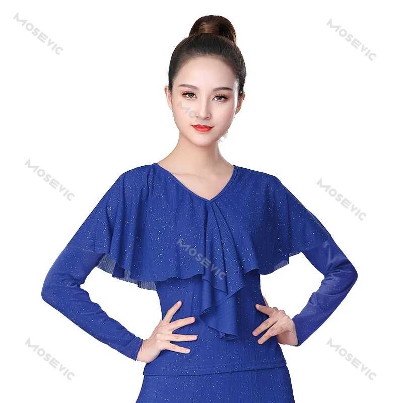 Elegante V-Ausschnitt Rüschen plissierte Tanz oberteile für Frauen einfarbige Slim Fit 3D-Kurve Langarm Latin Ballsaal moderne Tanz kleidung