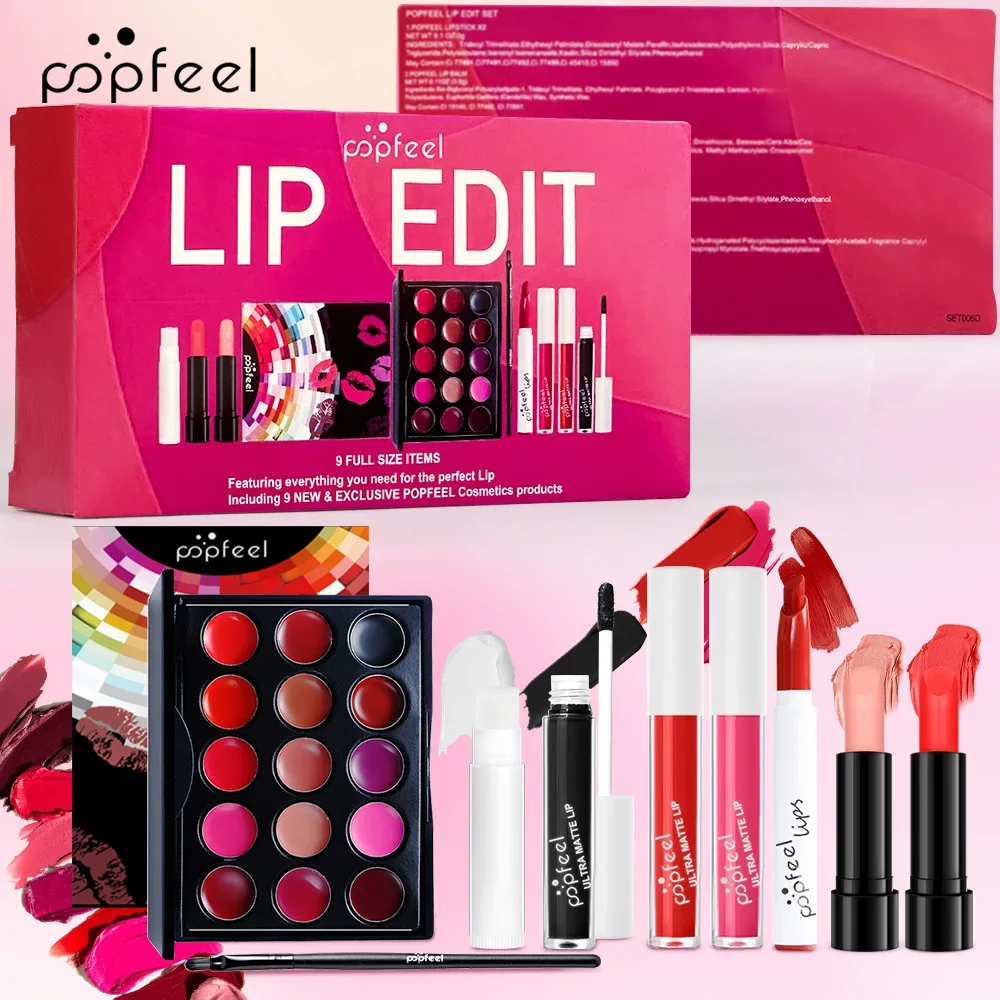 Kit Complet de Rouge à Lèvres Popfeel, Baume Jules, Maquillage, Cadeau pour Femme, Cosmétique Imperméable et Durable, Teinte Brillante, Nouveauté