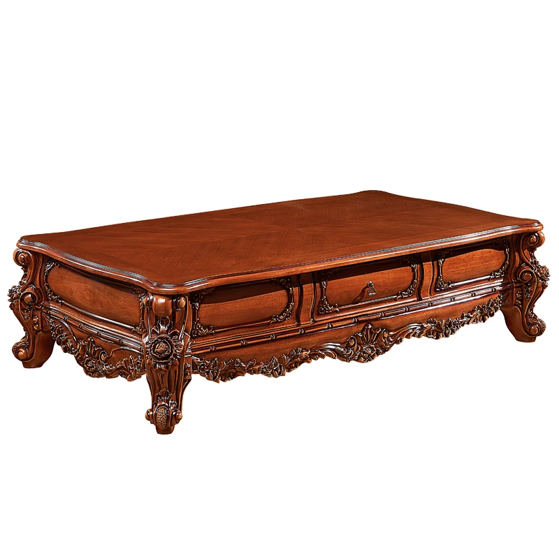 

solid wood coffee table, American luxury hand-carved marble tea Kung Fu tea table villa living room furniture