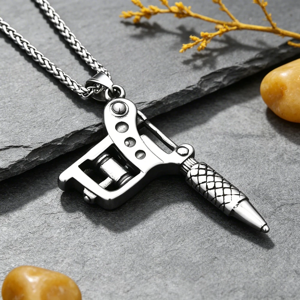 Tattoo Gun Pendant Necklace Unisex Vintage Stainless Steel Artisan Collector Holiday Gift Jewelry Dropshipping