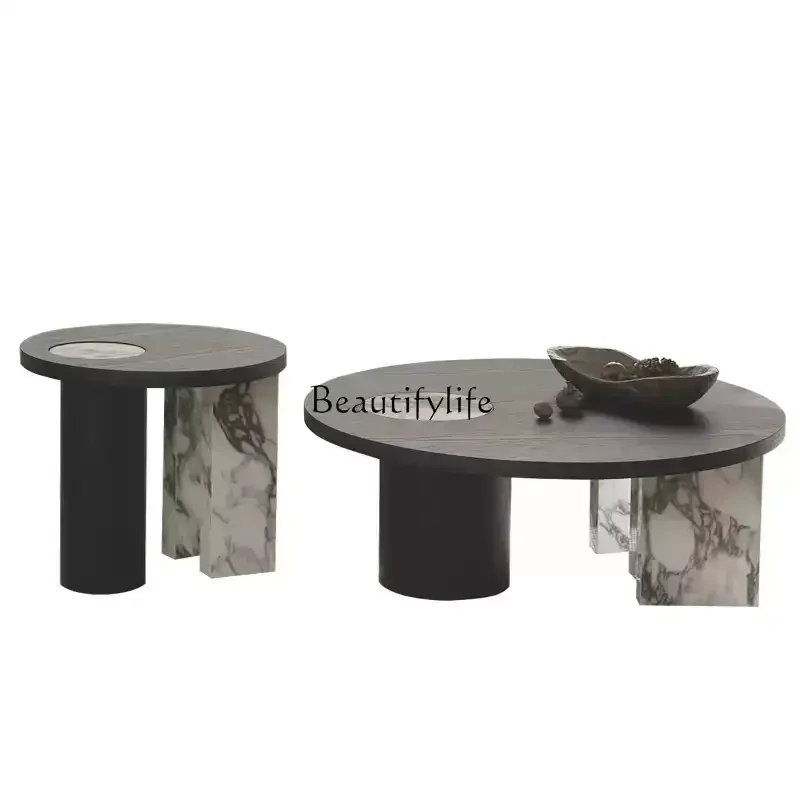 

Small apartment Italian minimalist high-end size round rock slab solid wood coffee table