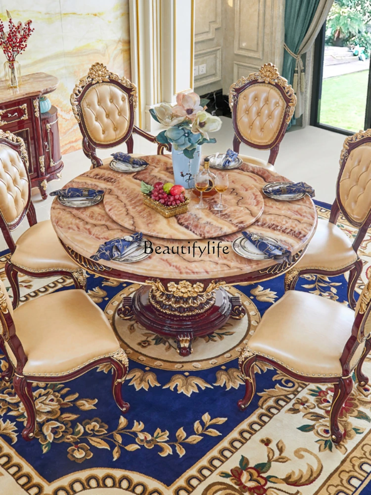 European-Style Solid Wood Dining Table Marble with Turntable Solid Wood Carved Red Sandalwood round