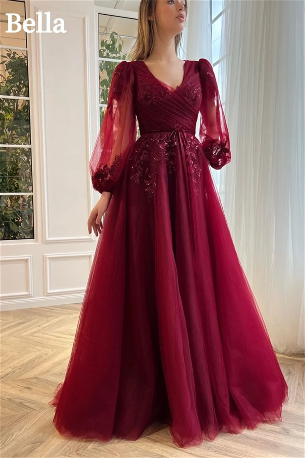 

Bella Wine Red Lace Appliques Evening Dresses A-line Tulle Wedding Dress Elegant Long Sleeves Floor-Length Vestidos De Fiesta