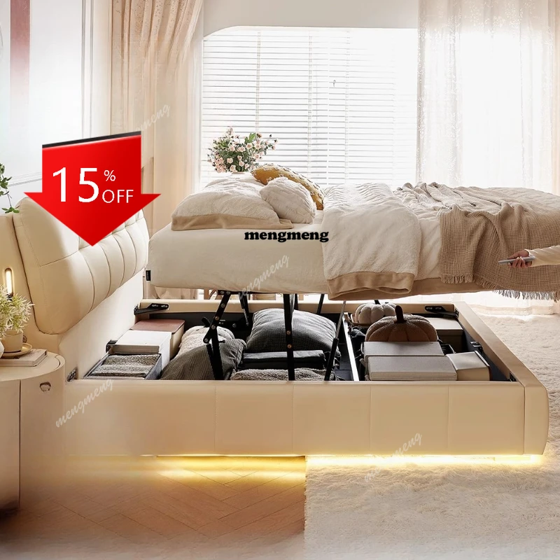 

Double Storage Bed Multifonction Modern Leather Deluxe Bed White Minimalist Camas De Matrimonio Dormitorio Home Furniture