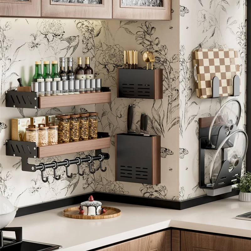 Walnut kitchen rack, non-perforated wall mount