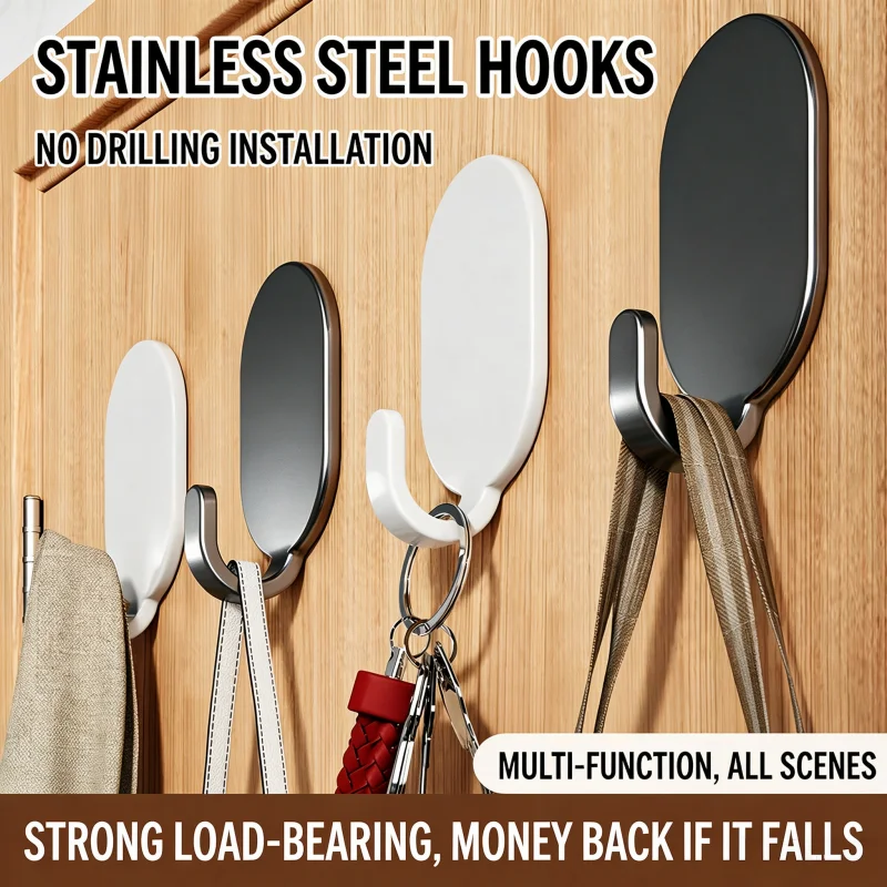 Heavy Load Self Adhesive Stainless Steel Hooks, Drill-Free Removable No Mark Hooks for Home Organizing