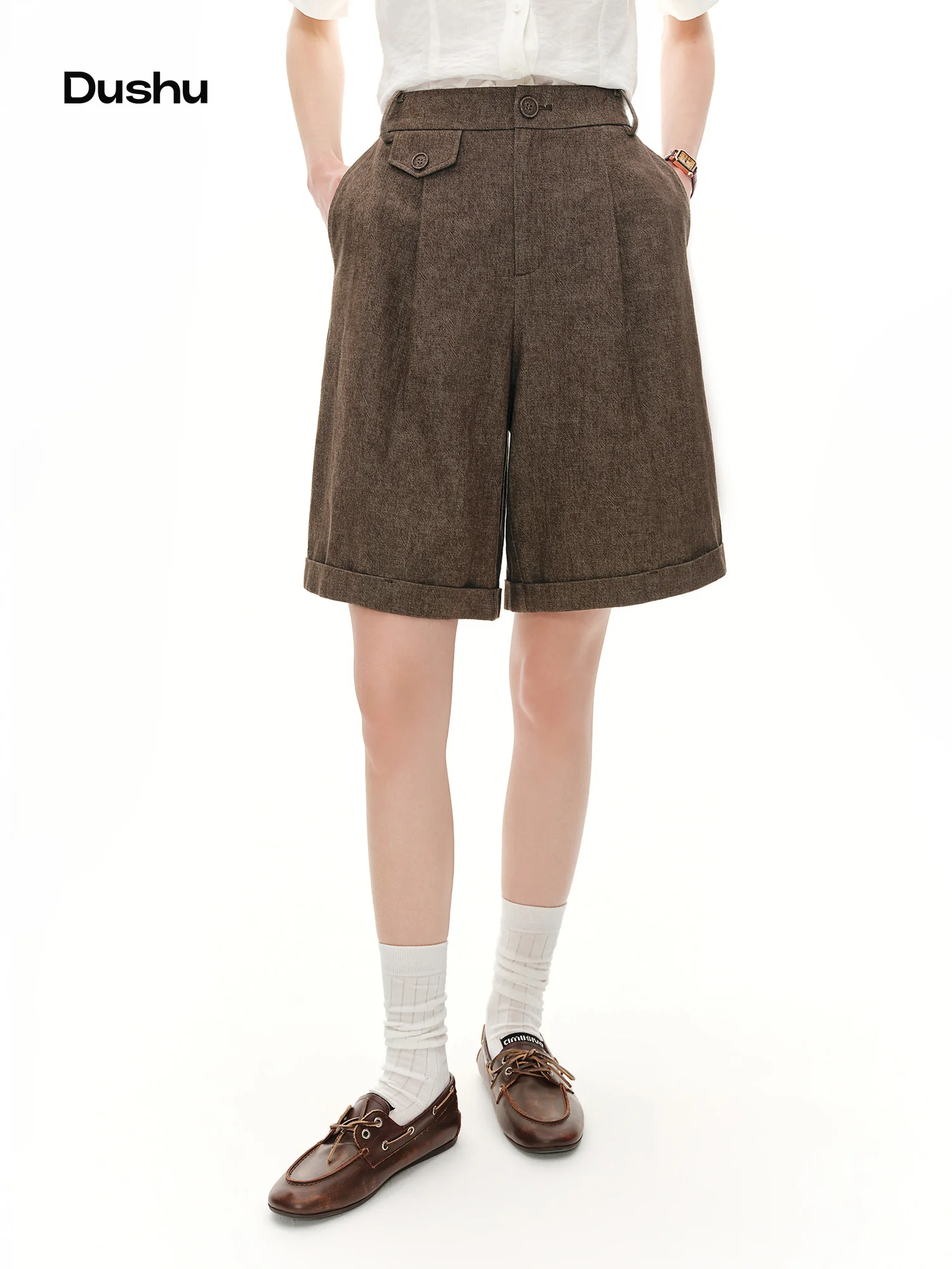 DUSHU Women Linen Blend Wide Leg Bermuda Shorts High Waist A Line Loose Commuting Knee Length Shorts 2026 New Summer Bottoms