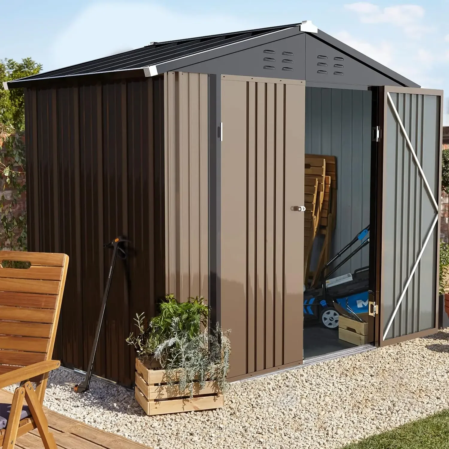 

5x3/4x6FT Outdoor Storage Shed w/ Floor,Tool Garden Metal Sheds w/ Lockable Door,Waterproof Galvanized Steel Storage House,Brown