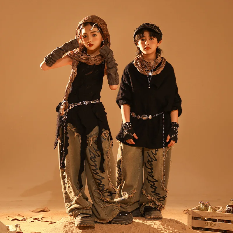 Kids Dystopia-core Gothic Costume Boy Girl Fashion Ripped T-shirt Wide Leg Baggy Jeans Pant Sets Children Suits Stage Clothing