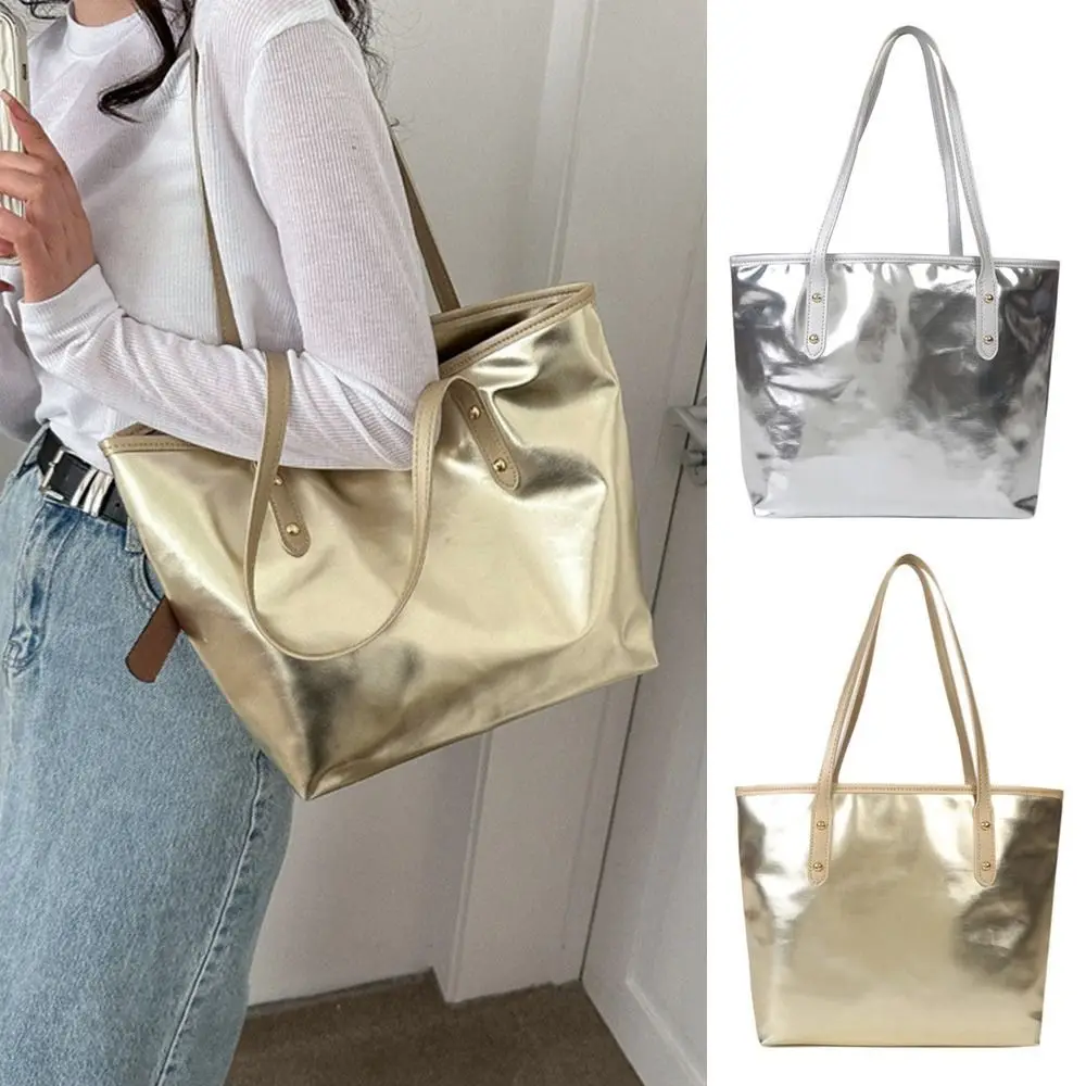 Women PU Leather Shoulder Bag Large Capacity Silver Tote Bags Casual Handbags Fashion Girls Travel Handle Bag Shopping Bag