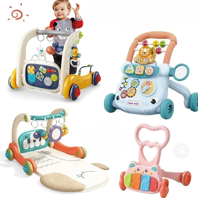مشاية أطفال بتصميم مضاد للطرف، لعبة مشاية تعليمية 5 في 1 مع عربة دفع، صالة الألعاب الرياضية والبيانو، مساعدة المشي الأولى للرضع