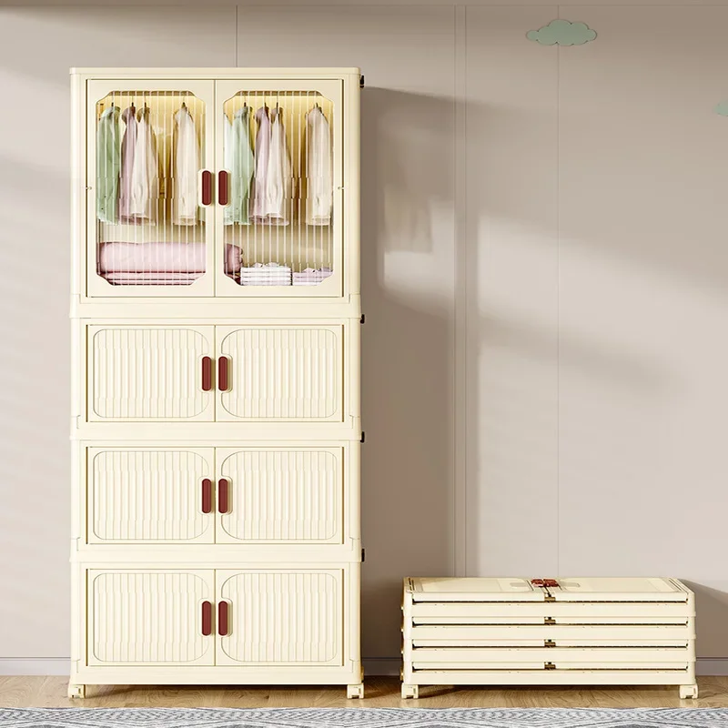 Multi-Layer Folding Storage Cabinet with Wheels Double Door Wardrobe Closet Transparent Large Capacity Organizer Bins