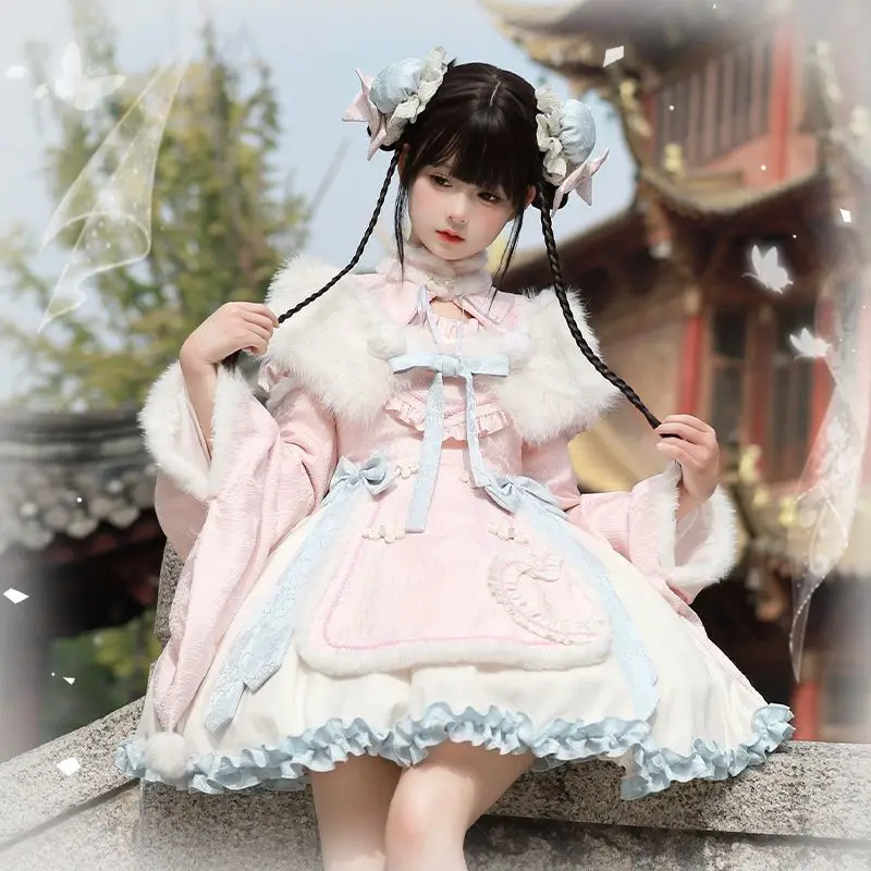 

Japan New Year'S Clothing Lolita Dress Women Chinese Style Thickened Embroidered Print Cute Long Sleeve OP Plush Dress