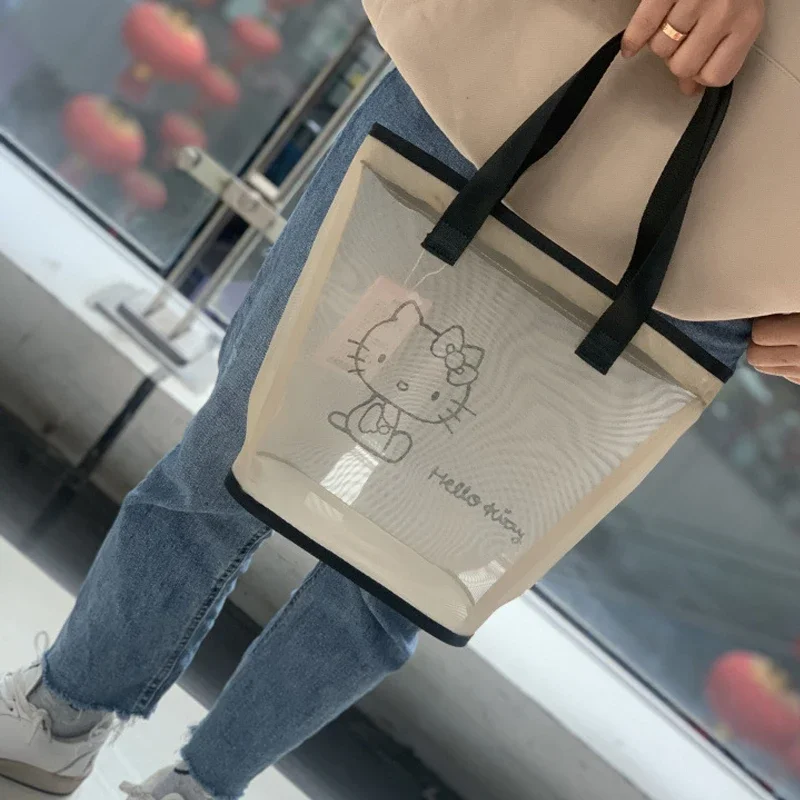 

Косметичка Hello Kitty: Сетчатая портативная сумка для женщин, дорожная сумка для девочек, кружевная сумка-ведро, свежая, милая, в стиле Kawaii, с мультяшным принтом