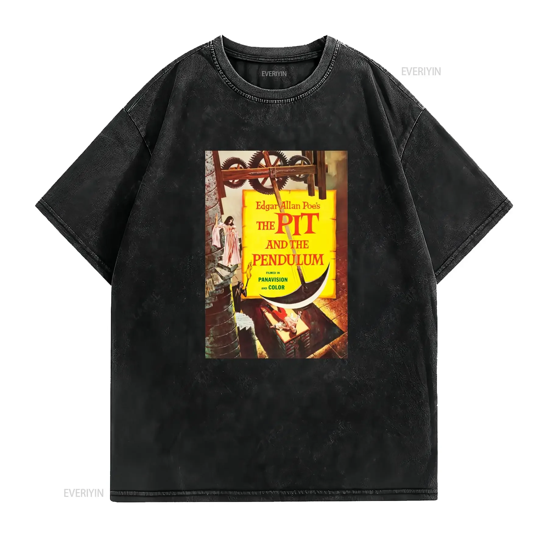 Vintage Gothic Edgar Allan Poe The Pit and Pendulum Classic Horror Movie Print Casual T Shirt vintage Washed fashion Stretched