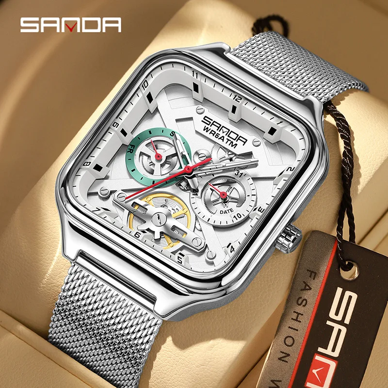 

Мужские кварцевые часы в винтажном стиле, квадратные, с механическим дизайном, водонепроницаемые, с подсветкой и календарем, элегантный дизайн, наручные часы.