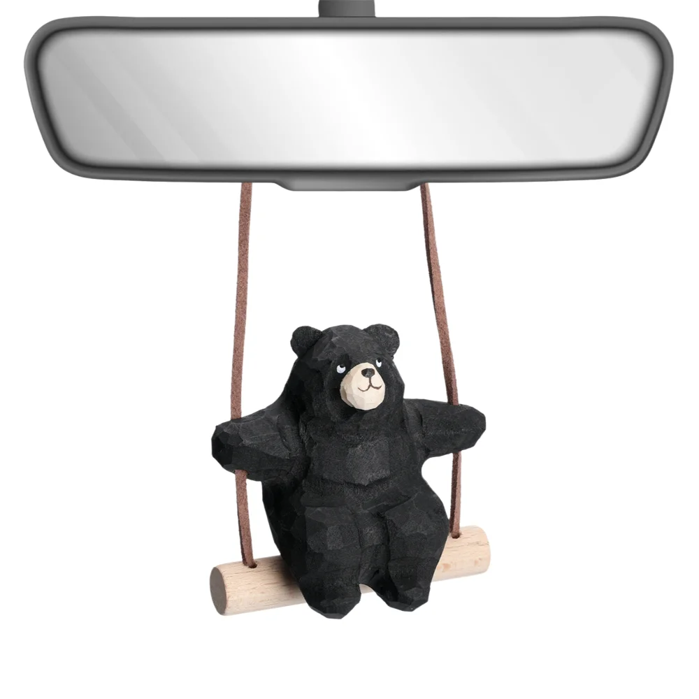 Hand Carved Wooden Swing Bear Car Rearview Mirror Ornament Cute Wood Bear Hanging Pendant Auto Interior Decor Accessory Gift