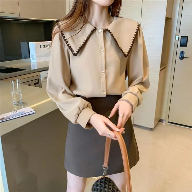 Vintage Fashion Autumn Single-breasted Blouse Women New Long Sleeve Classic Peter Pan Collar Personality Temperament Shirt 2022