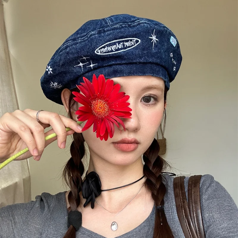 Cute Star Embroidery Washed Denim Berets Cap Y2K Summer Autumn Travel Versatile Leisure Sunscreen Show Face Small Women's Hats