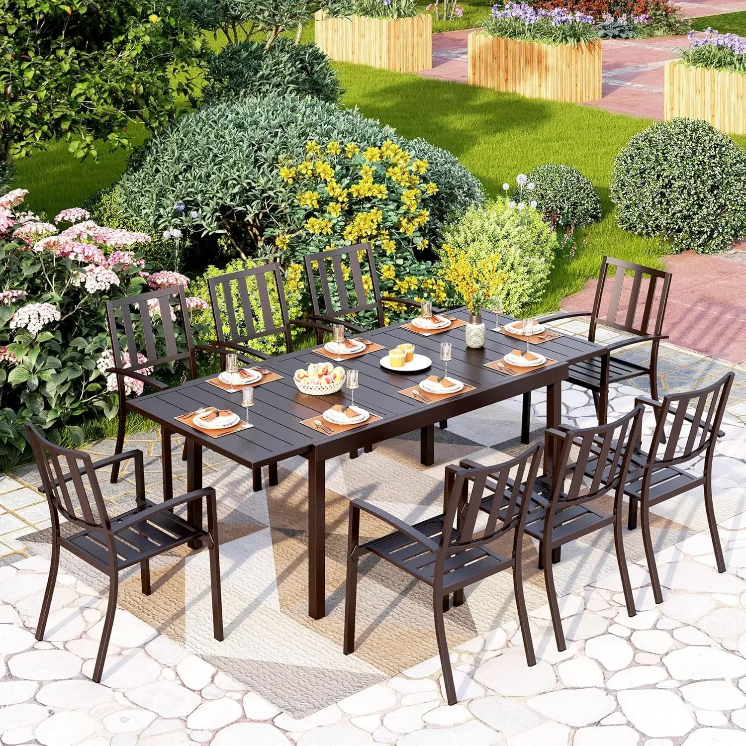 

9 Piece Patio Dining Table Set, Expandable Rectangular Metal Dining Table & 8 Steel Chairs