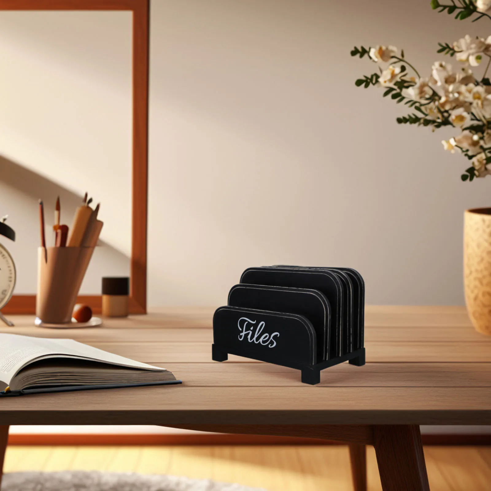 1 Set 4-Slot Wooden Desktop File Organizer Vertical Envelope Paper Folder Holder, Bill Sorter, Document Tray, Mail Storage For