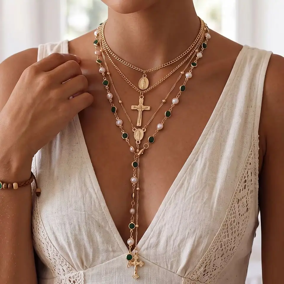 4pcs Gold Color Layered Cross Necklace Set for Women Rhinestone Pearl Pendant Chain Vintage Christian Religious Fashion Jewelry