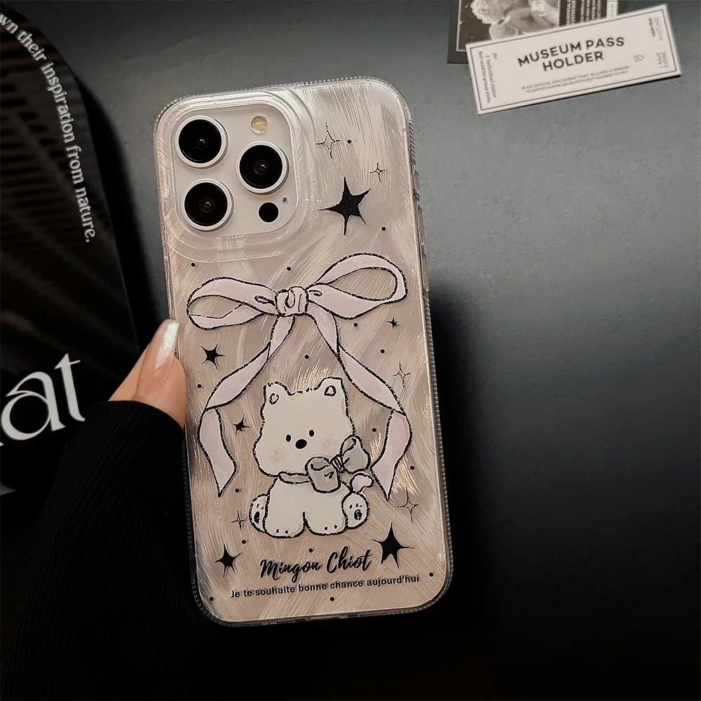 Luxury Silvery Feather Yarn Bow Phone Case for iPhone 15 14 13 12 11 Pro Max Plus Bowtie Puppy Stand Bumper Cover