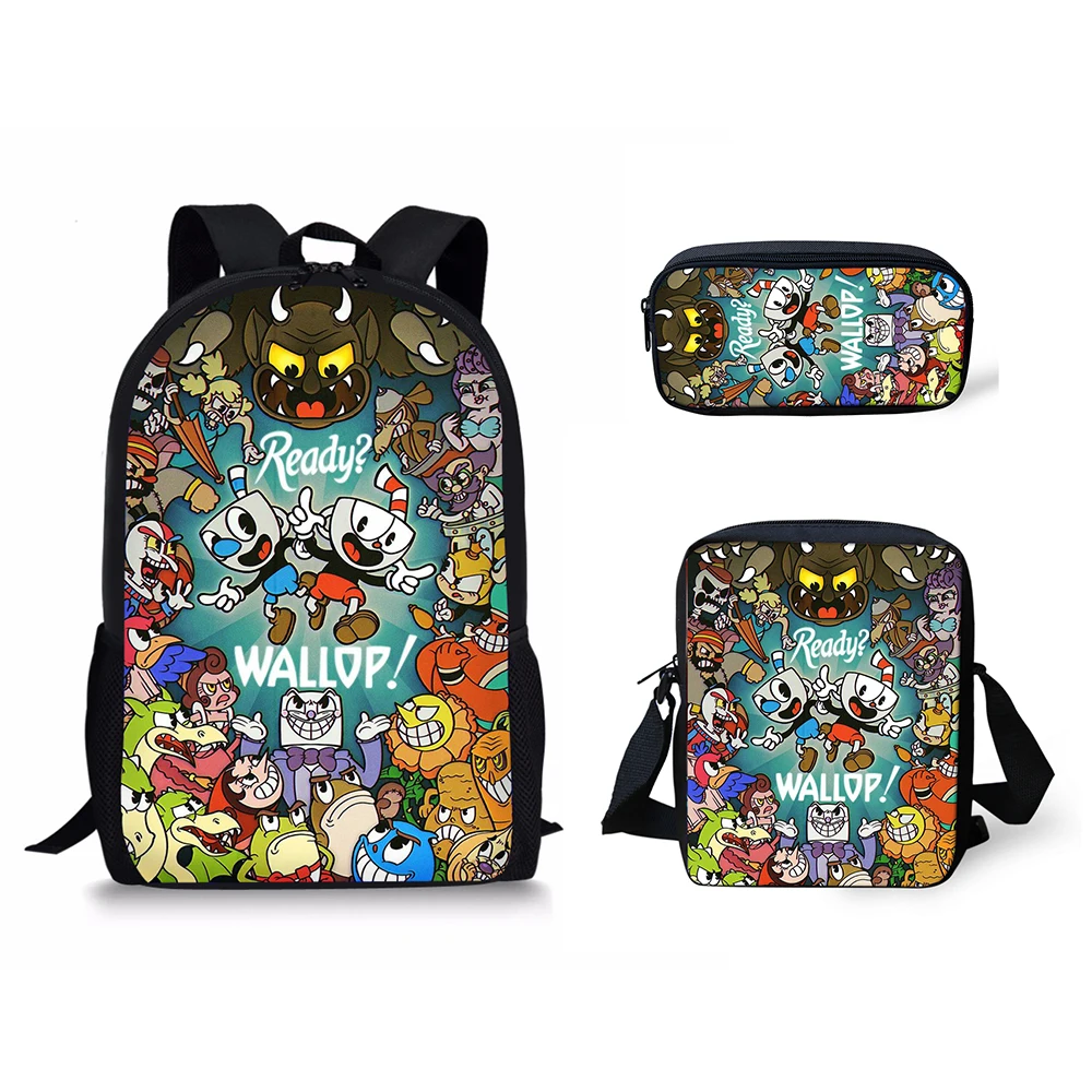 Mochilas escolares clásicas con estampado 3D de Cuphead, bolso de hombro inclinado para ordenador portátil, estuche para lápices, 3 unidades por juego