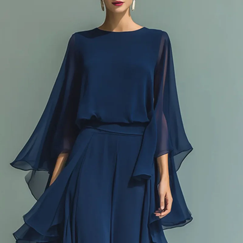 2026 Summer New Woman Elegant O Neck Flare Sleeve Top & Wide Leg Trousers Suit Ruffle Outfit Casual Solid Chiffon 2 Piece Set
