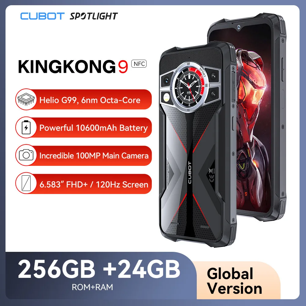 Cubot KingKong 9, Helio G99, 10600mAh, écran FHD+ 120 Hz 6,583", 24 Go de RAM (12 Go + 12 Go étendus), 256 Go de ROM, IP68 rugged smartphone, appareil photo 100MP + 32MP, NFC, 4G telephone, Double écran