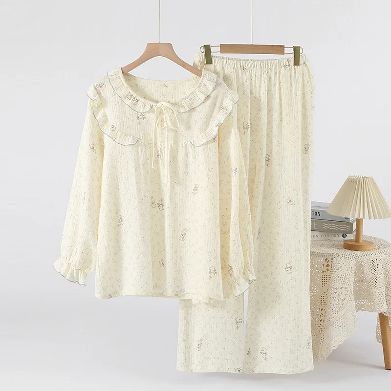 Summer and Autumn Pure Cotton Small Fresh Floral Sweet Home Nightgown Long Set Trousers Suit Home Clothes
