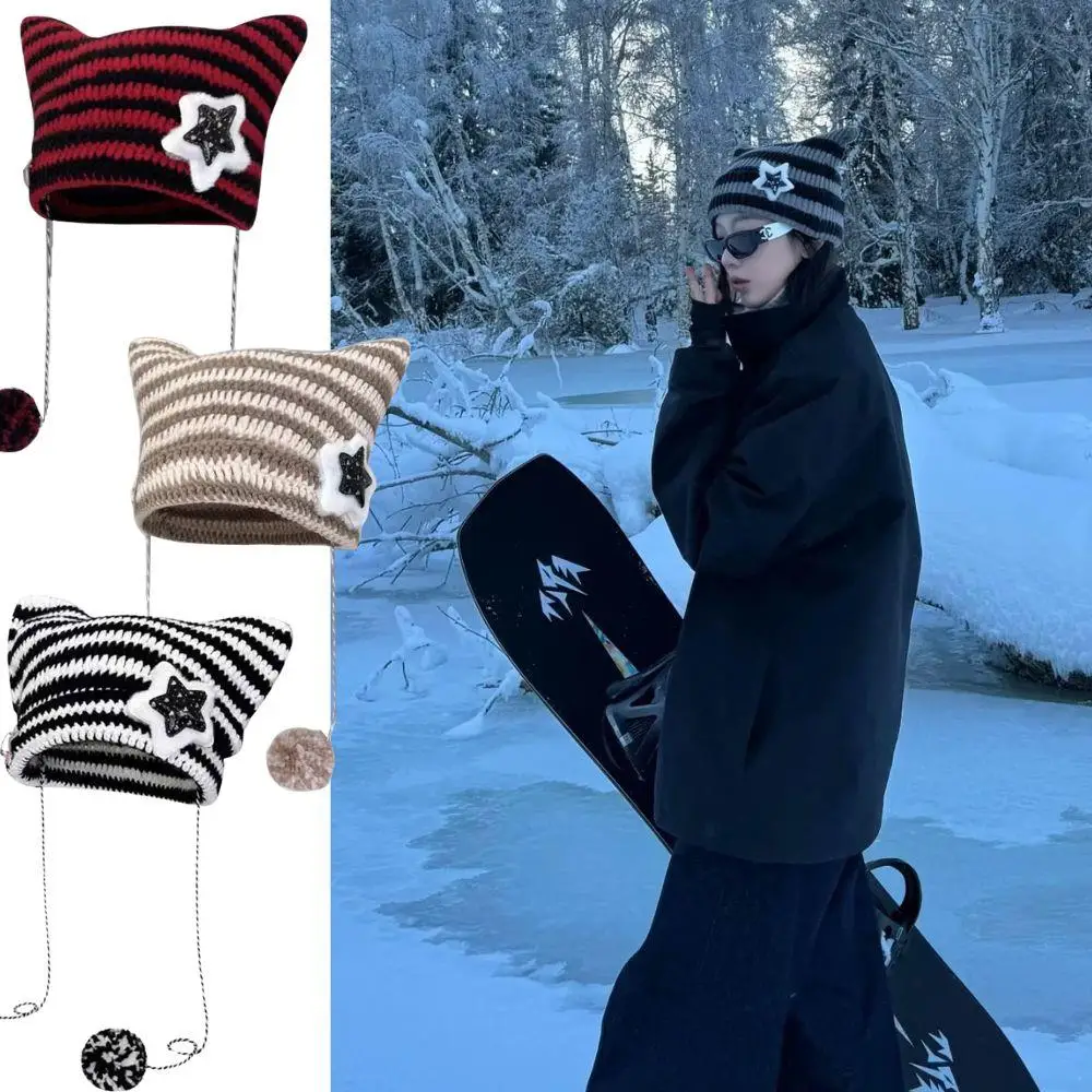 

Корейские шапки-бини для женщин, зимние полосатые вязаные пуловеры, готические Y2K, теплый мягкий капот, шапка с черепами, шерстяная шапка маленького дьявола