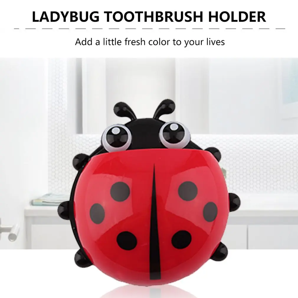 Cute Ladybug Toothbrush Holder Bathroom Cartoon Toothbrush Toothpaste Wall Suction Pencil/Pen Holder Rack Container Organizer