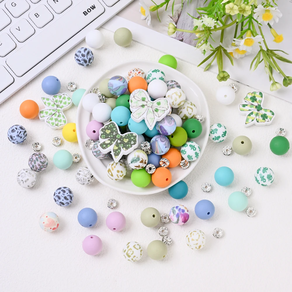 15Pcs 10 Styles Bowknot Silicone Beads Round Loose Beads For DIY Jewelry Making Beaded Pen Pacifiers Clip Accessories