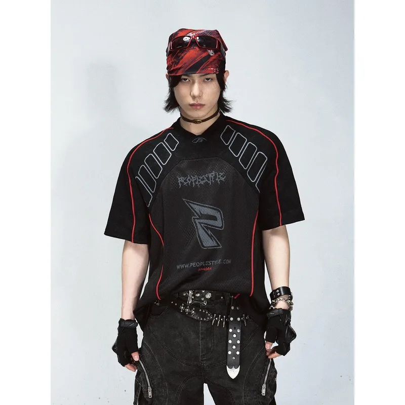 Racing quick-dryTMen's Breathable Baseball Motorcycle Jacket American Retro Loose Fit Cycling Short Sleeve Shirt