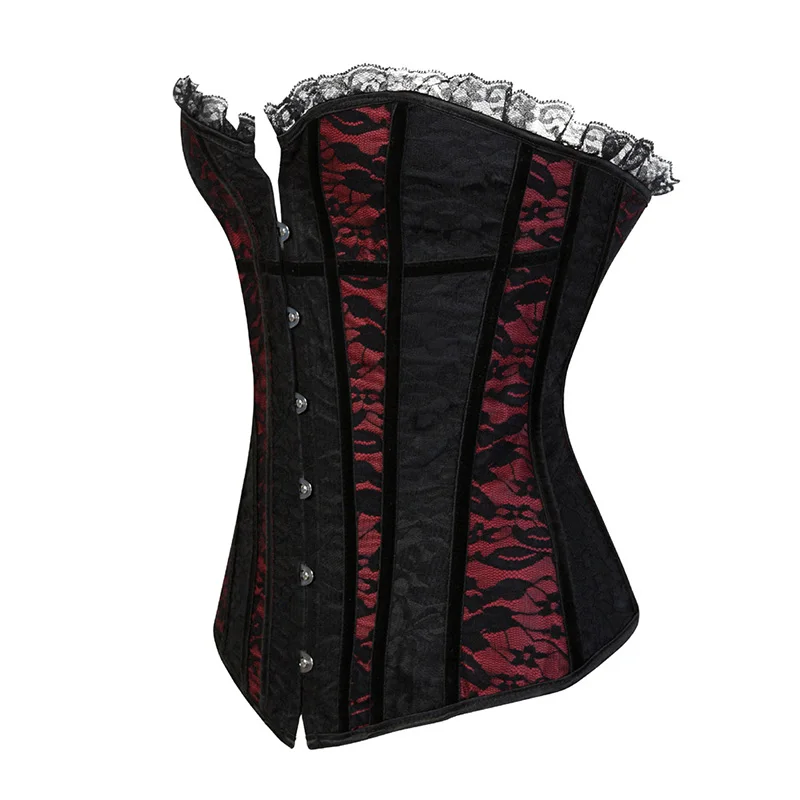 Women\'s Lace Cover Overbust Corset Lace Up Boned Lingerie Zipper Side Carnival Waist and Body Shaper Bustier