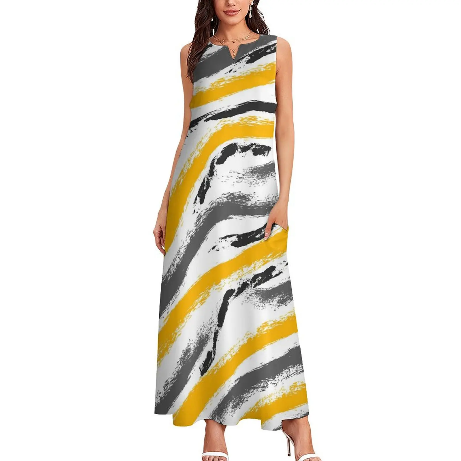 Brush Textured Dress Summer Yellow And Black Streetwear Casual Long Dresses Womens Party Maxi Dress Gift Idea