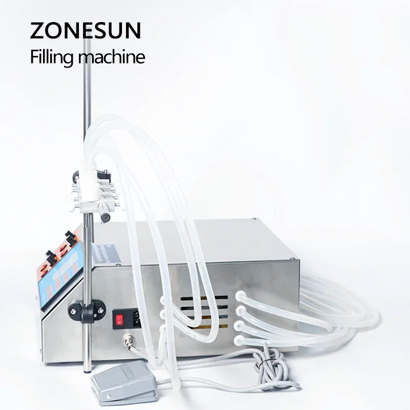 ZONESUN 4 فوهة الرأس آلة تعبئة السوائل العطور عصير الماء الضروري النفط الكهربائية مضخة التحكم الرقمي السائل حشو