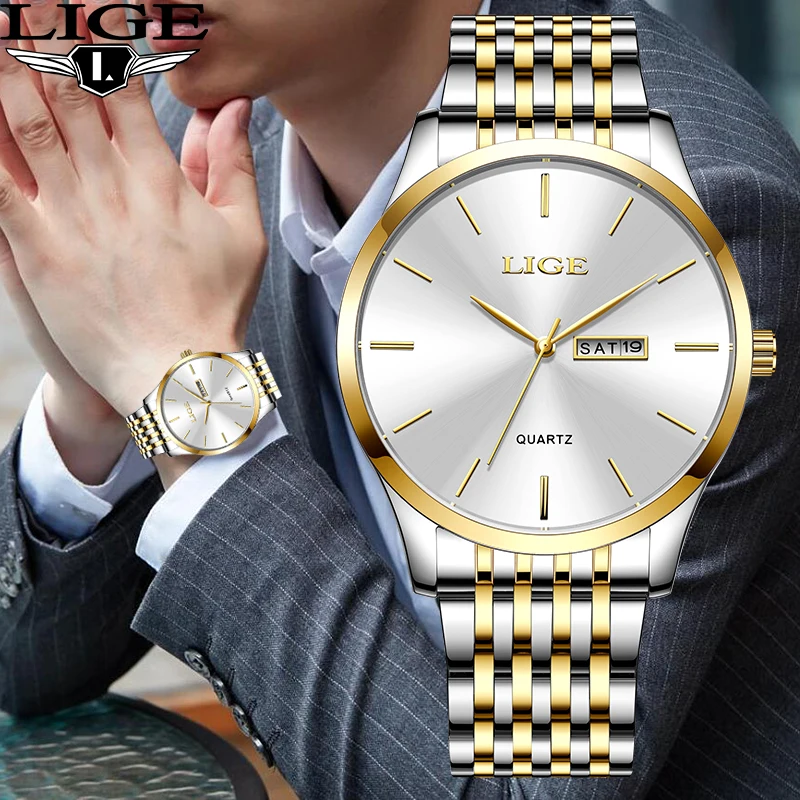 

LIGE Top Brand Luxury Quartz Man Watch Fashion Business Simple Stainless Band Calendar Watch for Men Casual Waterproof Date Week