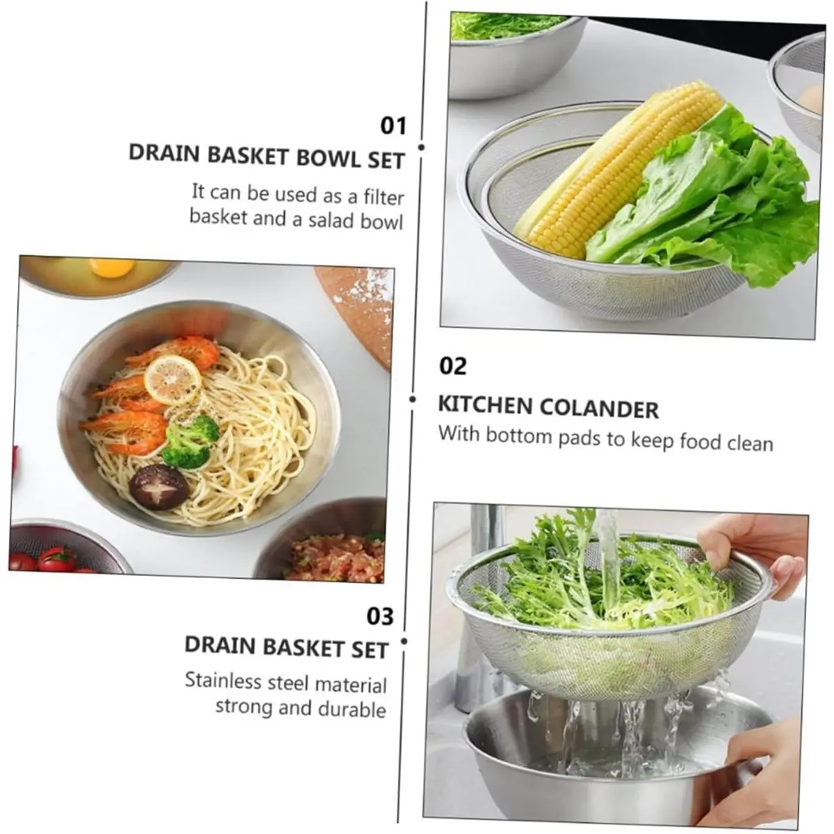 NEW Stainless Steel Kitchen Colander Set Drain Basket and Bowl for Easy Washing of Fruits Vegetables and Rice Kitchen Tool