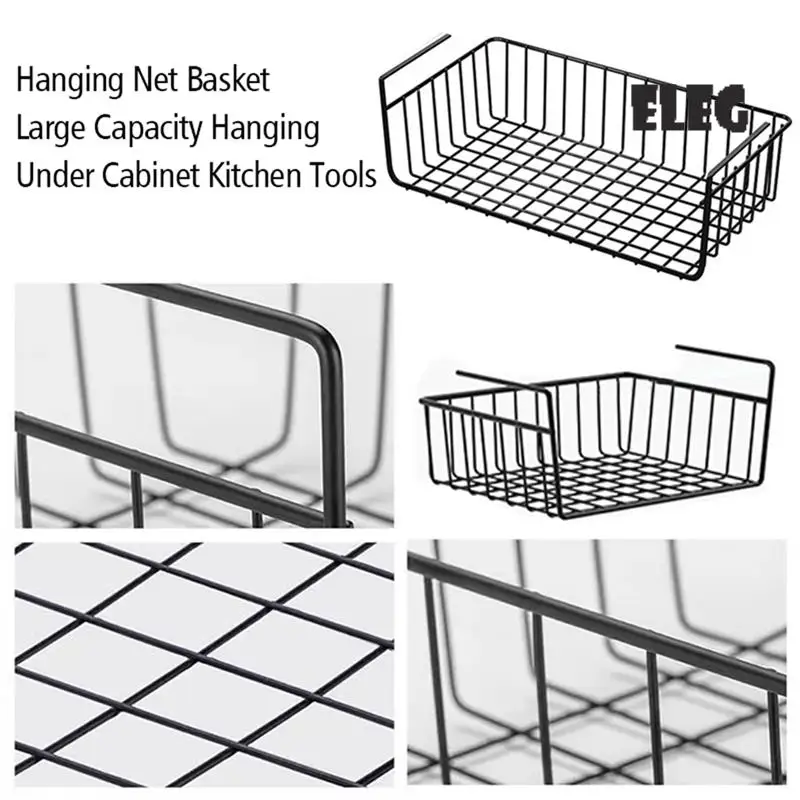 

ELEG-1PC Metal Iron Kitchen Organizer Shelf Under Table Hanging Net Basket Multifunctional Book Storage Rack Home Offices