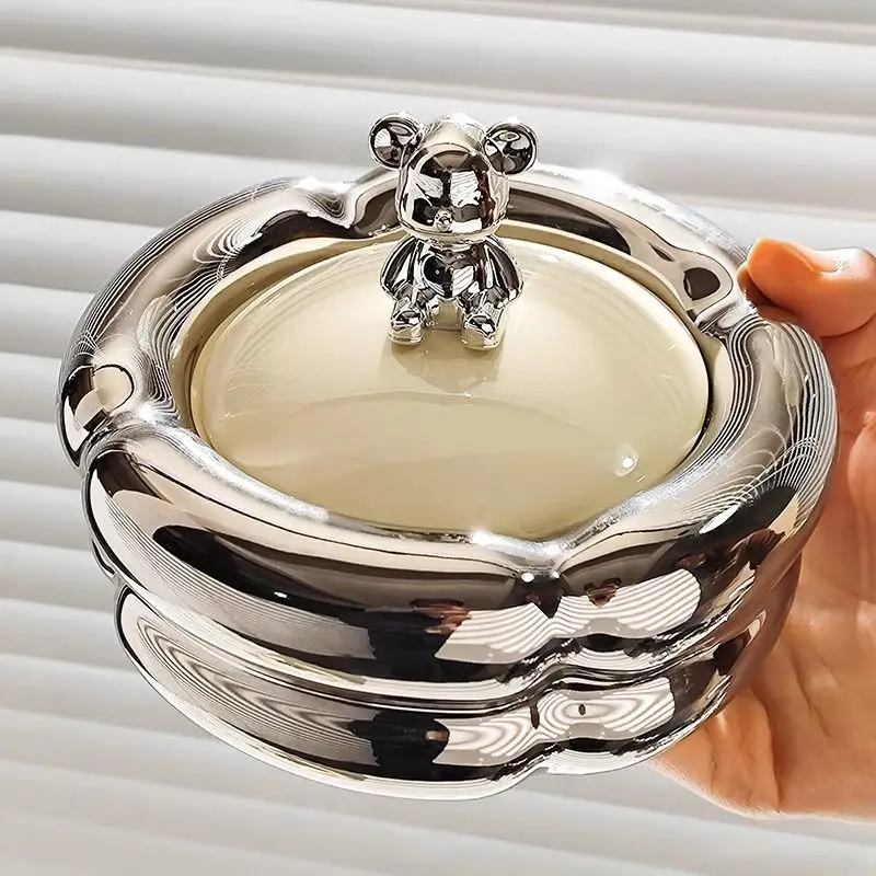 Household Living Room Ashtray High-end Atmospheric Upscale with A Lid Solid Color Creative Cute Cream Office Ceramic Ashtray