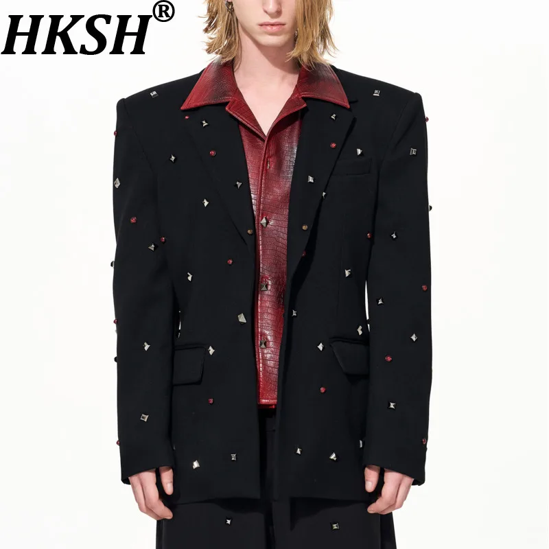 

HKSH Autumn Winter New Men Leather Collar Patchwork Fake Two-Piece Blazer Rivet Design Tide Chic Double Waist Suit-Pants HK16300