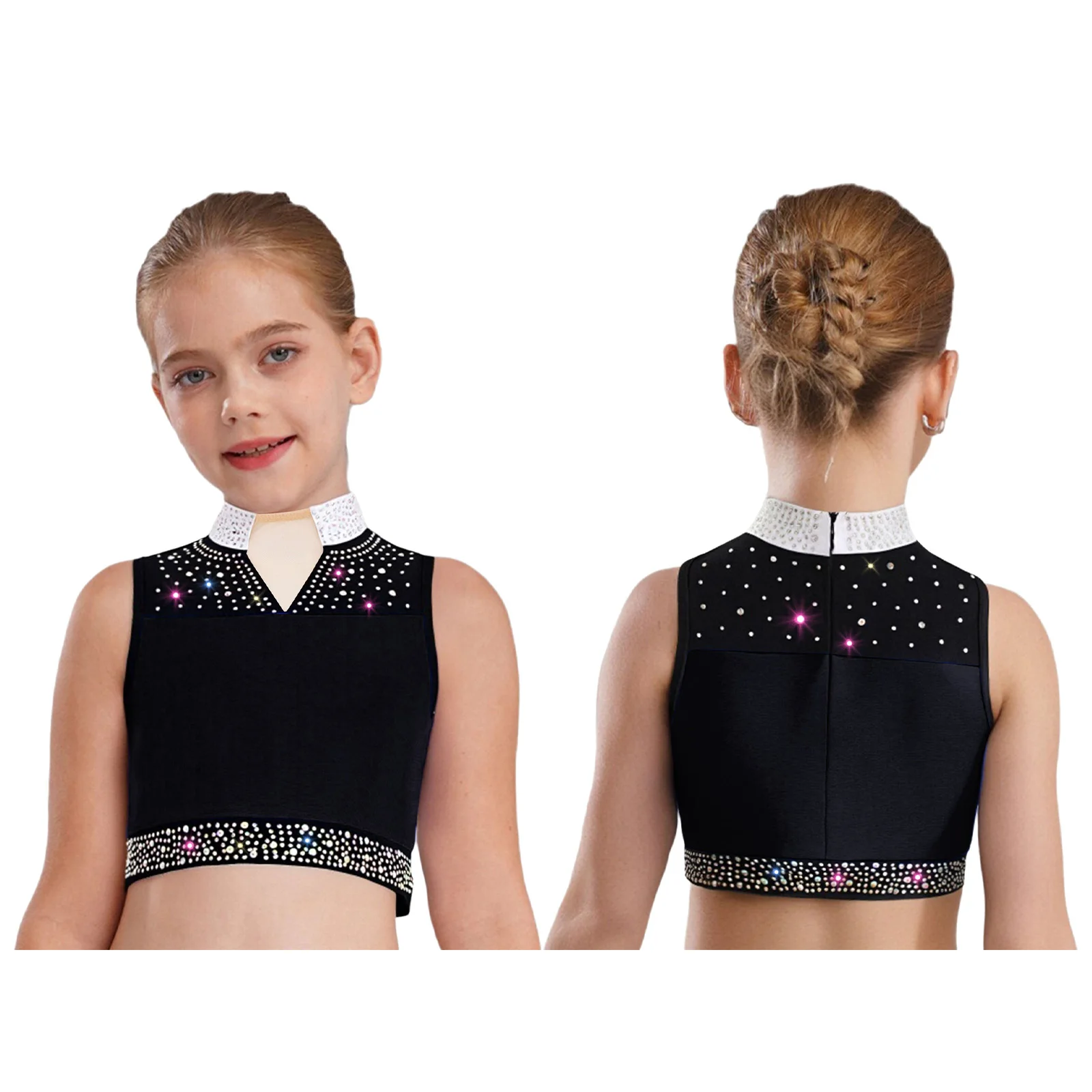 子供叙情的なダンストップス衣装女の子のためのノースリーブラインストーンクロップトップ体操フィギュアアイススケートダンスパフォーマンスウェア