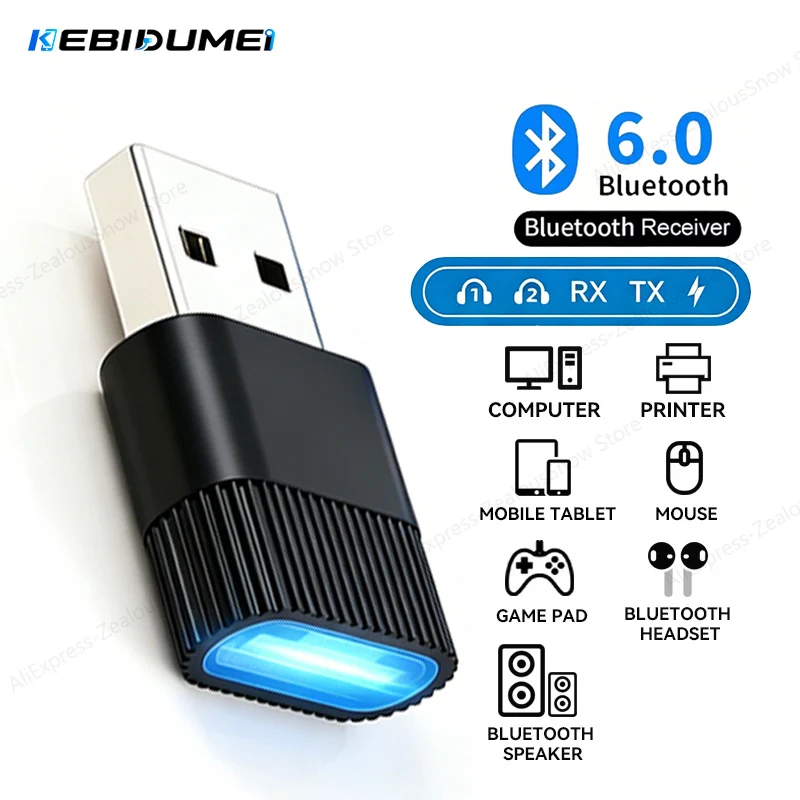 KEBIDUMEI Bluetooth 6.0 Adapter for PC USB Bluetooth 5.4 5.3 Dongle Receiver for Speaker Mouse Keyboard Audio USB Transmitter