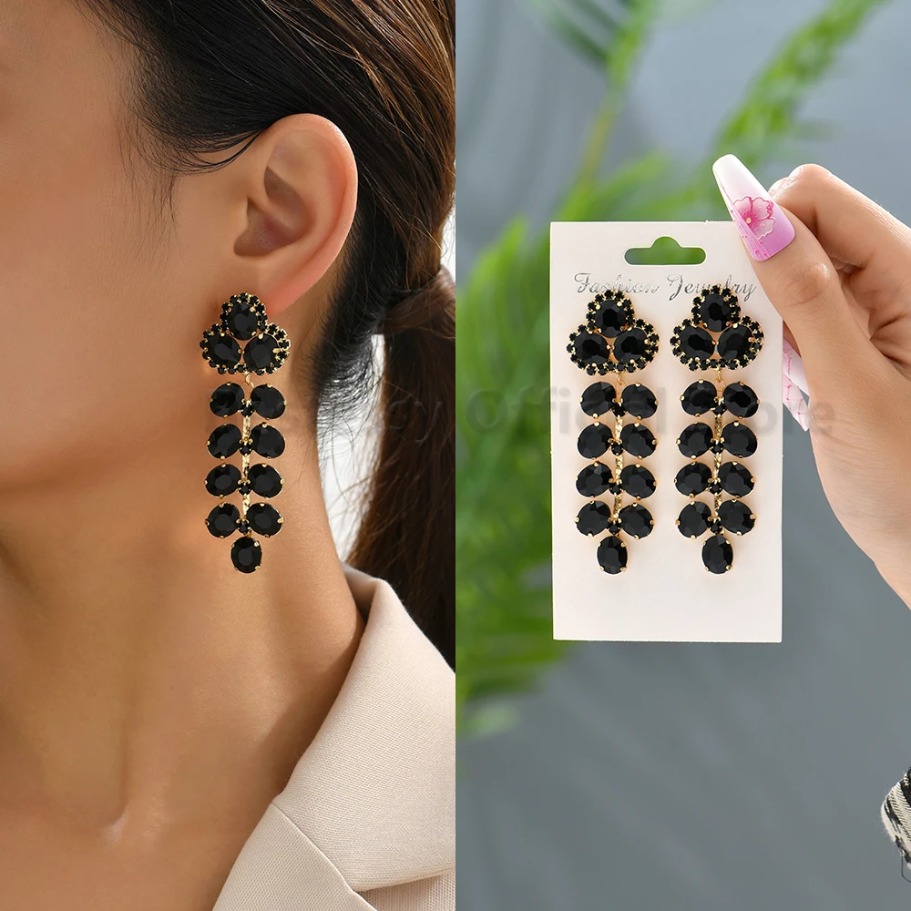 Black Crystal Petals Tassel Big Hanging Drop Earrings For Women Luxury Designer Geometric Vintage Pendants Elegant Party Jewelry